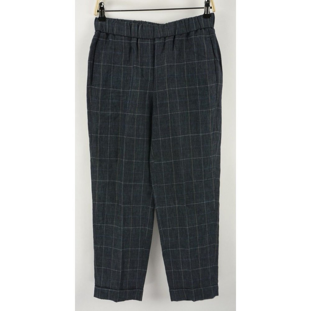 Peserico Linen Cropped Cuffed Capri Trousers Pant Women's IT 40 US 28 Blue Check